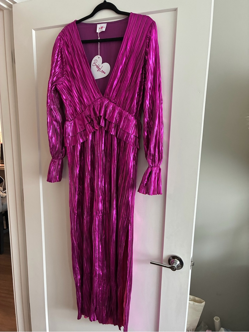 Buddy Love Metallic Fuchsia Pleated Maxi Dress with Ruffle Waist
